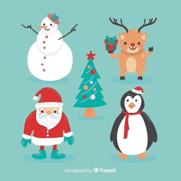 Colección adorable de personajes de navidad con diseño plano