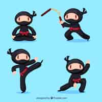 Vector gratuito colección adorable de personajes de ninja con diseño plano