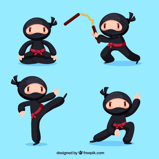 Colección adorable de personajes de ninja con diseño plano