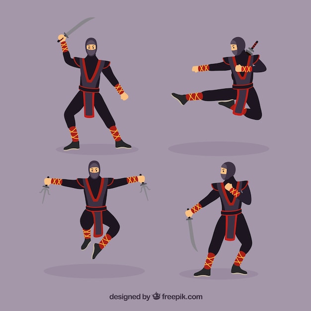 Vector gratuito colección adorable de personajes de ninja con diseño plano