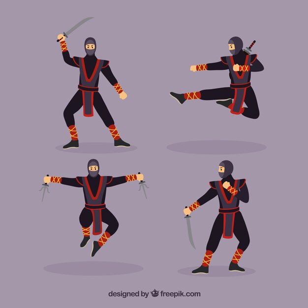 Colección adorable de personajes de ninja con diseño plano