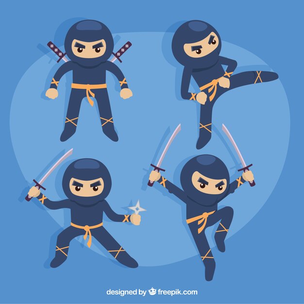 Colección adorable de personajes de ninja con diseño plano