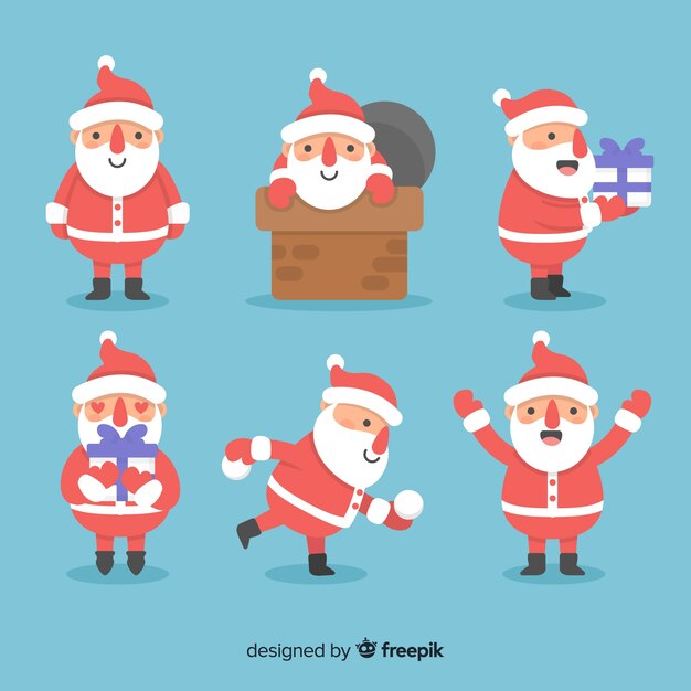 Colección adorable de personajes de santa claus con diseño plano