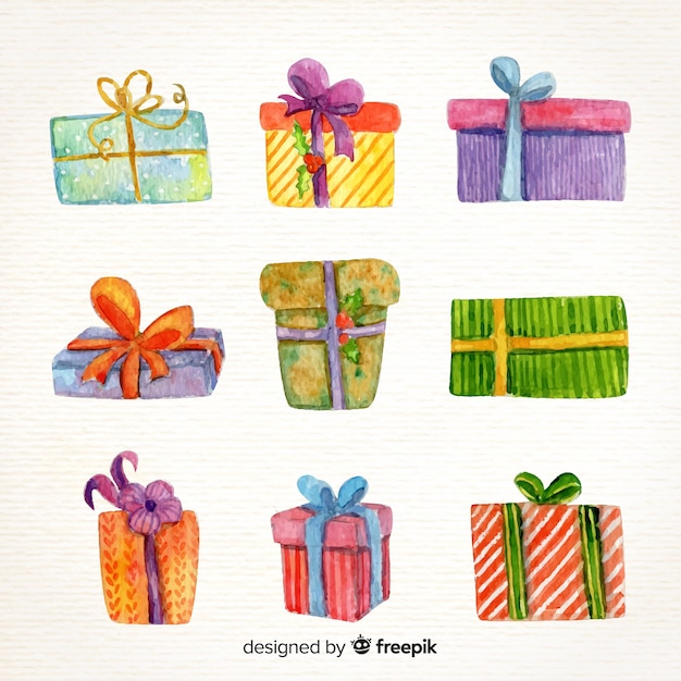 Vector gratuito colección adorable de regalos de navidad en acuarela