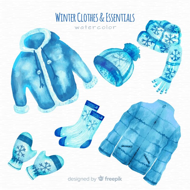 Colección adorable de ropa de invierno en acuarela
