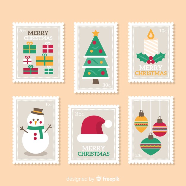 Colección adorable de sellos de navidad con diseño plano
