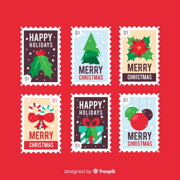 Colección adorable de sellos de navidad con diseño plano