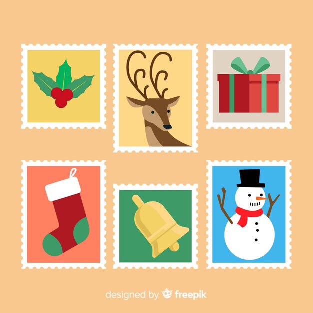 Colección adorable de sellos de navidad con diseño plano