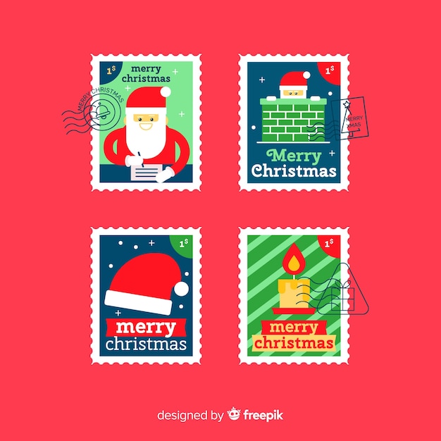 Vector gratuito colección adorable de sellos de navidad con diseño plano