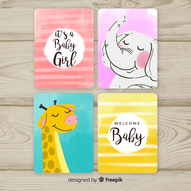 Vector gratuito colección adorable de tarjetas de baby shower en acuarela