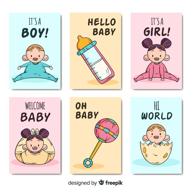 Colección adorable de tarjetas de baby shower dibujadas a mano