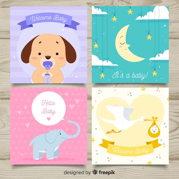 Colección adorable de tarjetas de baby shower dibujadas a mano