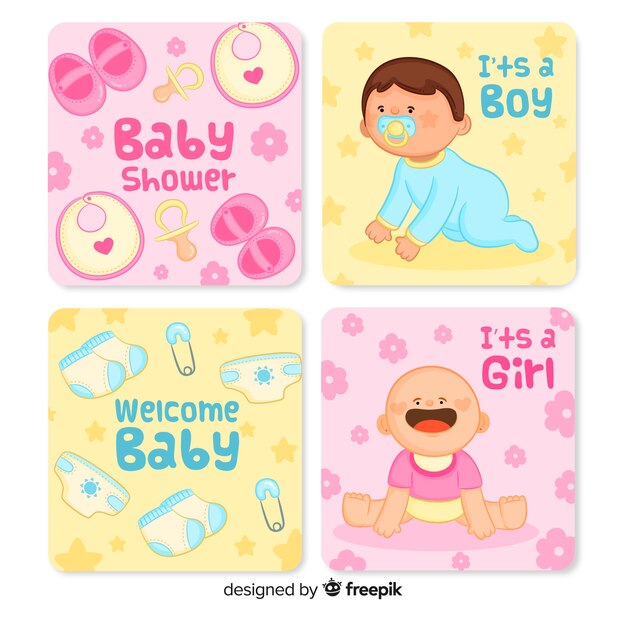 Colección adorable de tarjetas de baby shower dibujadas a mano