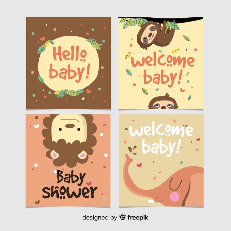 Vector gratuito colección adorable de tarjetas de baby shower dibujadas a mano