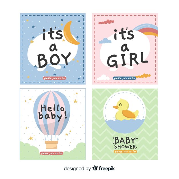 Colección adorable de tarjetas de baby shower dibujadas a mano