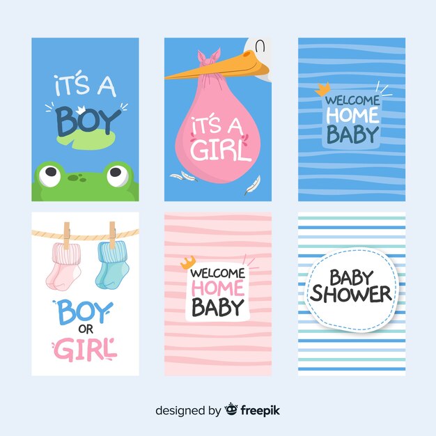 Colección adorable de tarjetas de baby shower dibujadas a mano