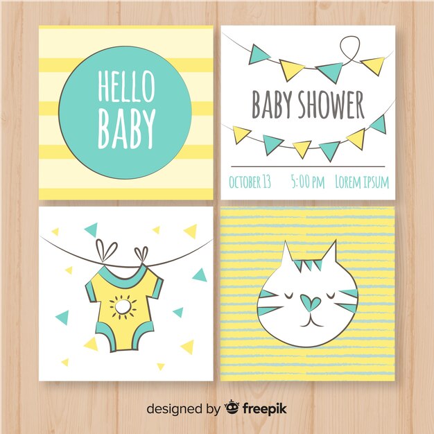 Colección adorable de tarjetas de baby shower dibujadas a mano