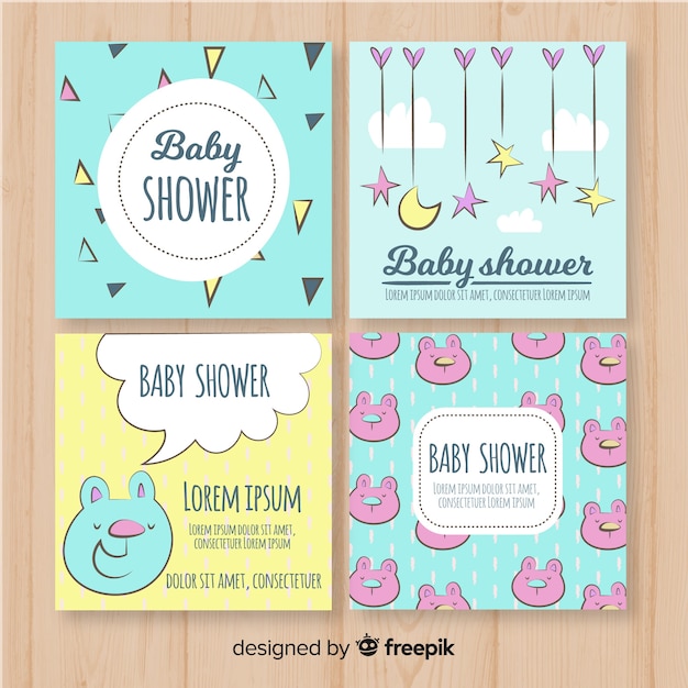 Colección adorable de tarjetas de baby shower dibujadas a mano