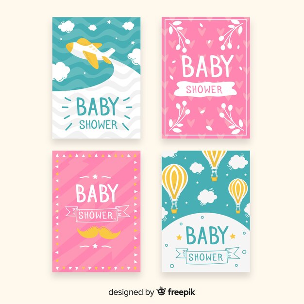 Colección adorable de tarjetas de baby shower dibujadas a mano