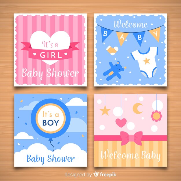 Colección adorable de tarjetas de baby shower con diseño plano