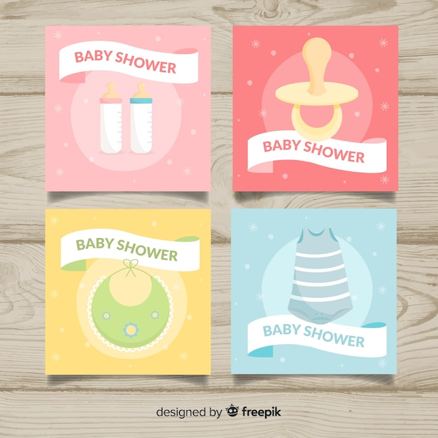 Colección adorable de tarjetas de baby shower con diseño plano