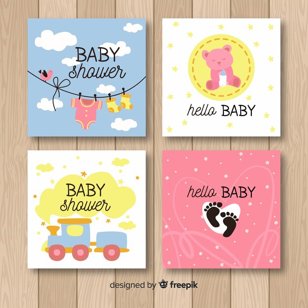 Colección adorable de tarjetas de baby shower con diseño plano