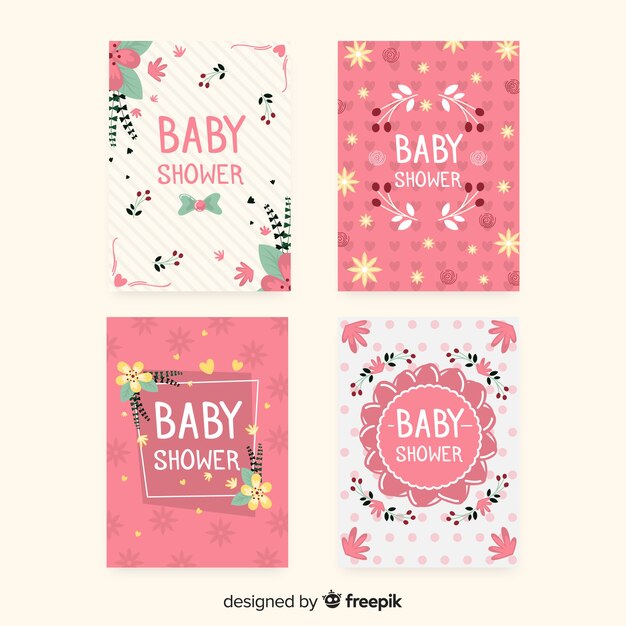 Colección adorable de tarjetas de baby shower con diseño plano