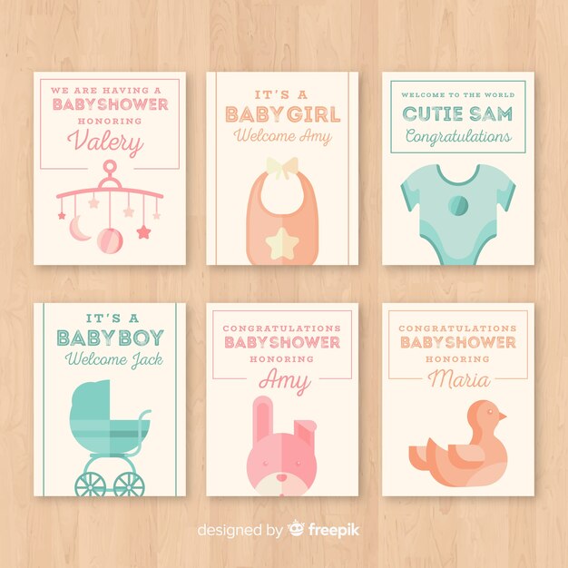 Colección adorable de tarjetas de baby shower con diseño plano