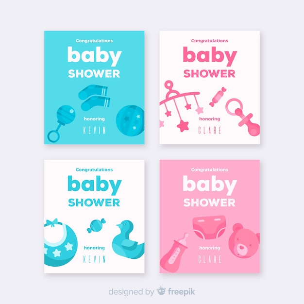 Vector gratuito colección adorable de tarjetas de baby shower con diseño plano