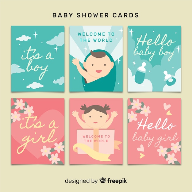 Colección adorable de tarjetas de baby shower con diseño plano