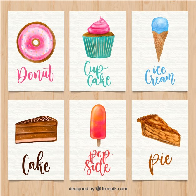 Colección adorable de tarjetas de comida en acuarela