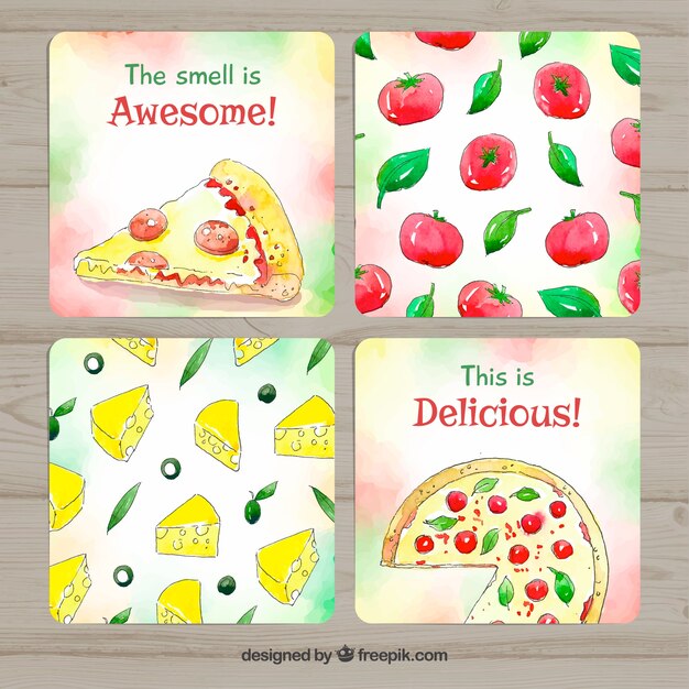 Colección adorable de tarjetas de comida en acuarela