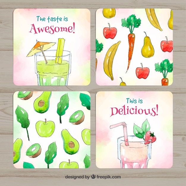 Colección adorable de tarjetas de comida en acuarela