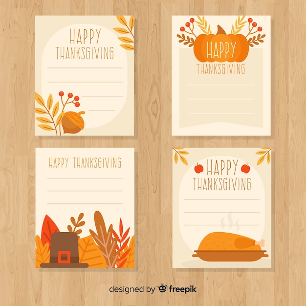 Vector gratuito colección adorable de tarjetas del día de acción de gracias con diseño plano