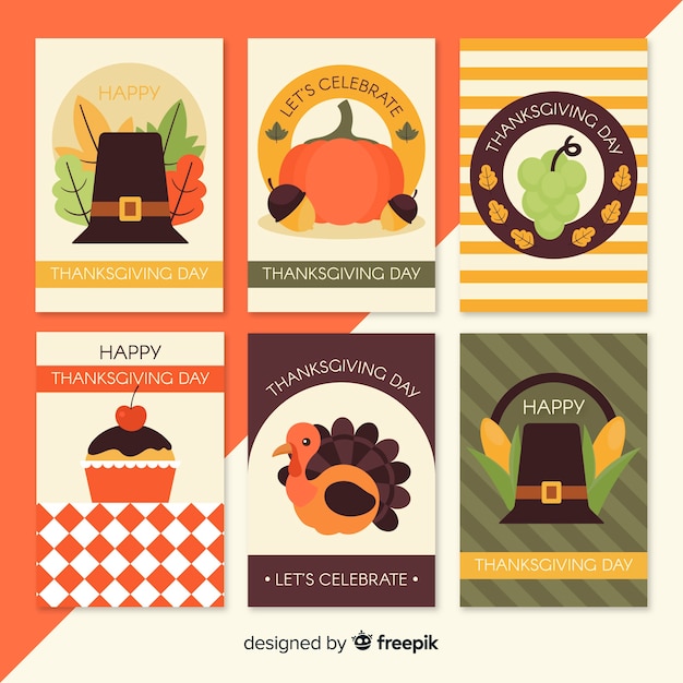 Vector gratuito colección adorable de tarjetas del día de acción de gracias con diseño plano