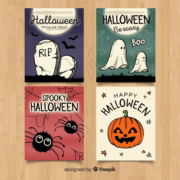 Colección adorable de tarjetas de halloween dibujadas a mano