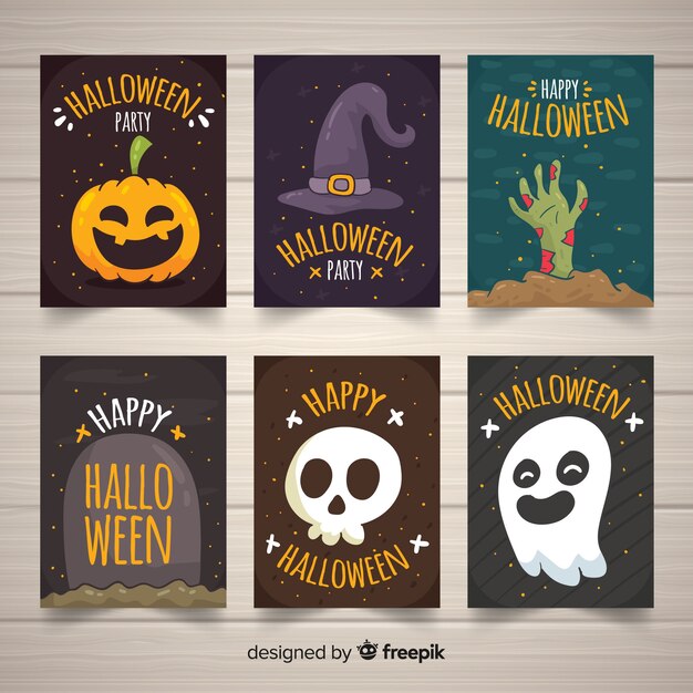 Colección adorable de tarjetas de halloween dibujadas a mano