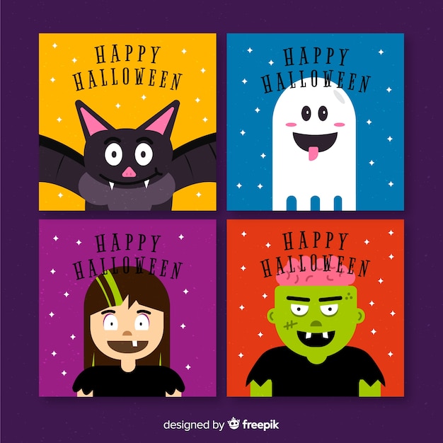 Vector gratuito colección adorable de tarjetas de halloween con diseño plano