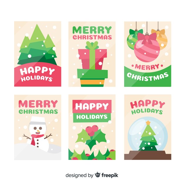 Colección adorable de tarjetas de navidad con diseño plano