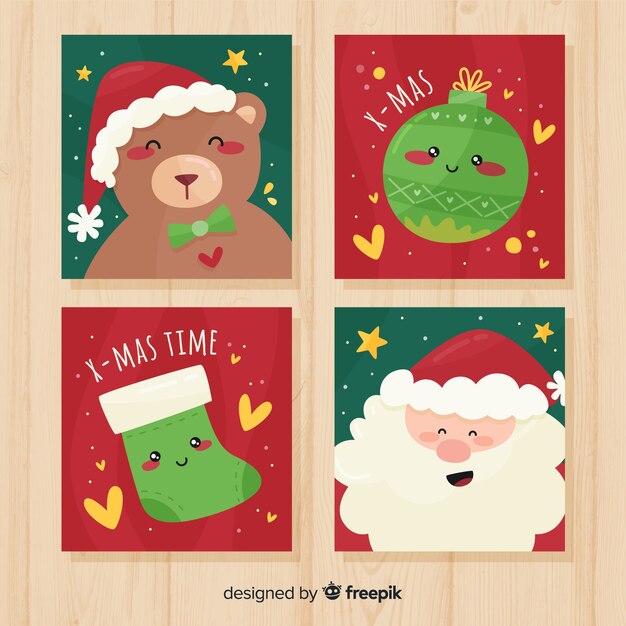 Colección adorable de tarjetas de navidad con diseño plano