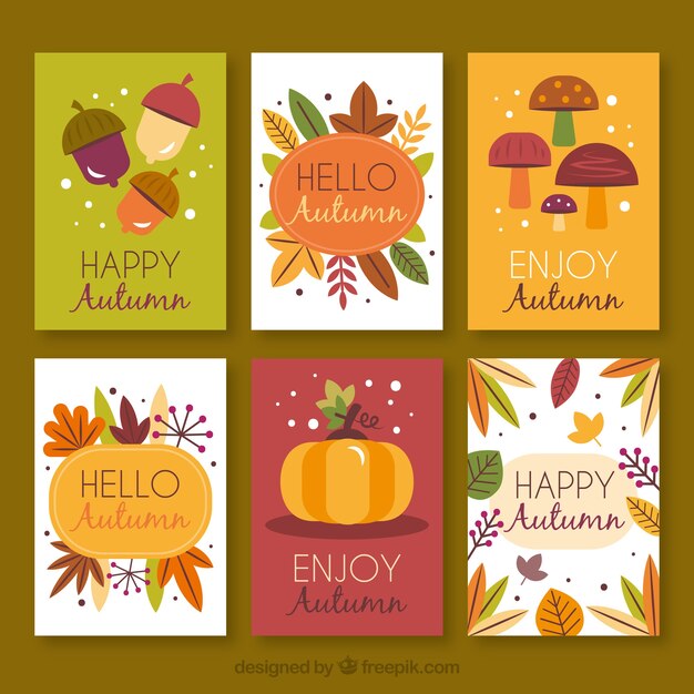 Colección adorable de tarjetas de otoño dibujadas a mano