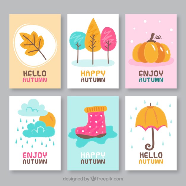 Colección adorable de tarjetas de otoño dibujadas a mano