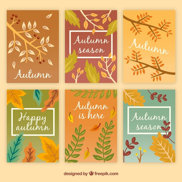 Colección adorable de tarjetas de otoño con diseño plano