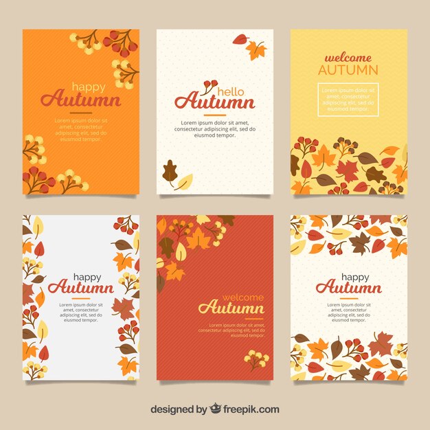 Colección adorable de tarjetas de otoño con diseño plano