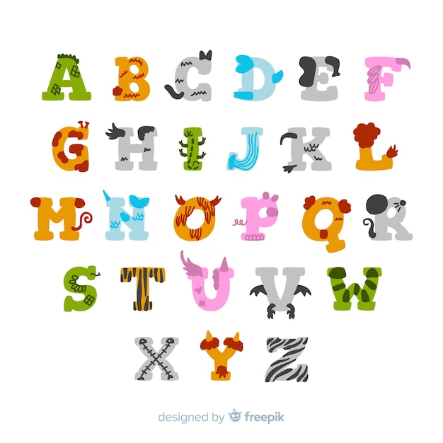 Vector gratuito colección de adorables letras hechas de animales lindos