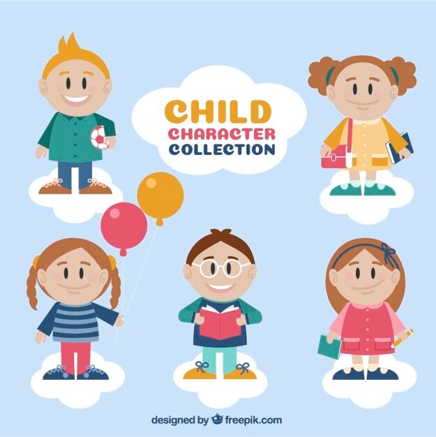 Vector gratuito colección de adorables personajes de niños con elementos