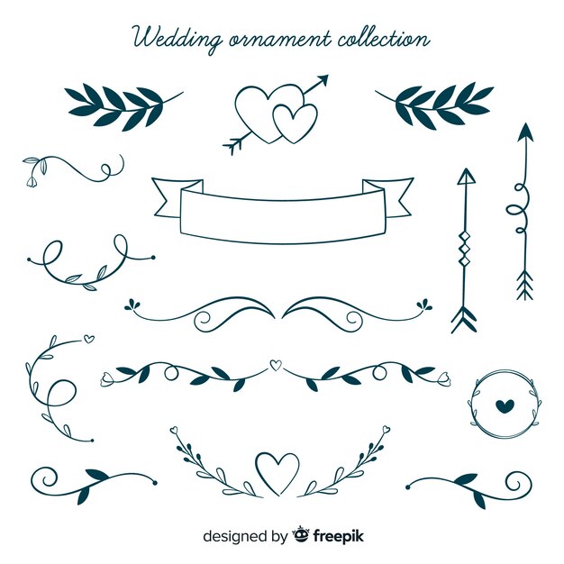 Colección de adornos de boda dibujadas a mano