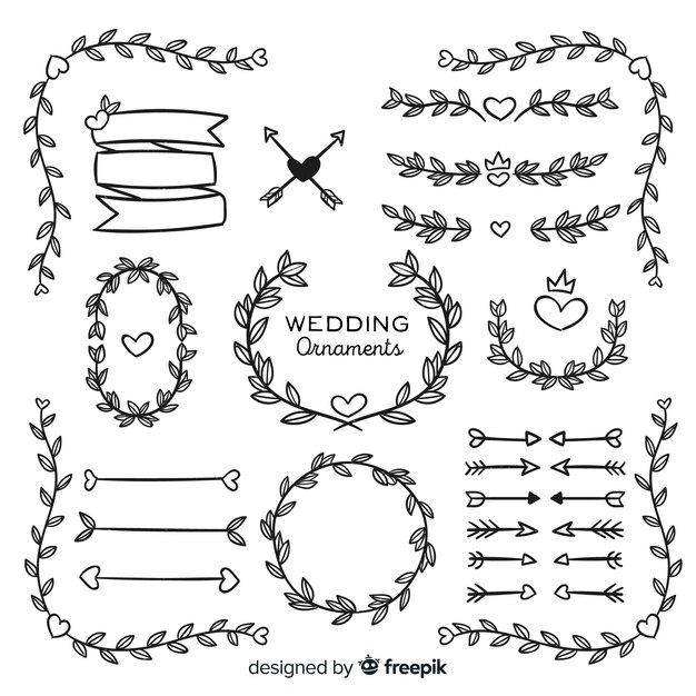 Colección de adornos de boda dibujados a mano y aislados