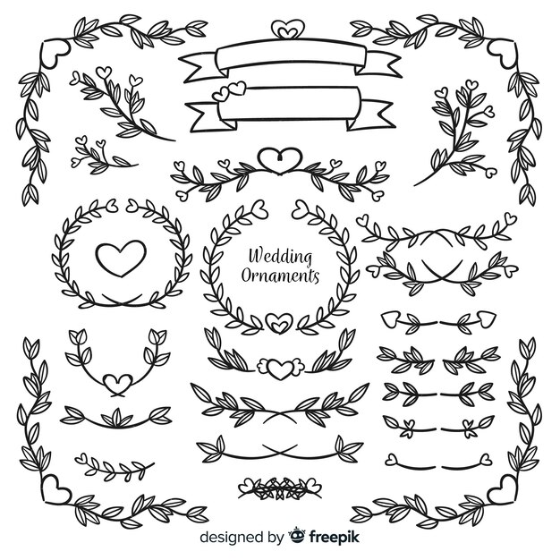 Colección de adornos de boda dibujados a mano y aislados