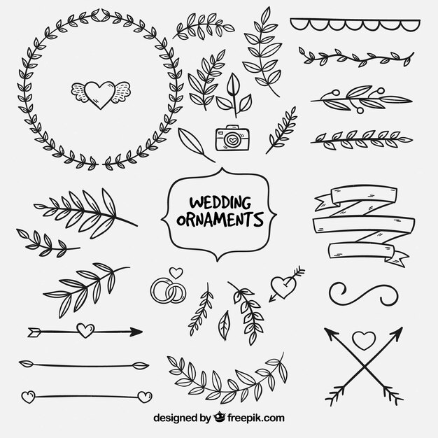 Colección de adornos de boda dibujados a mano